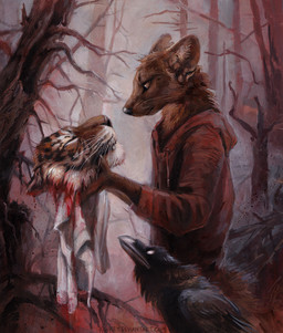 ambiguous_gender anthro black_nose blood bodily_fluids brown_body brown_fur clothed clothing decapitation feral forest fur gore group hoodie outside plant severed_body_part severed_head topwear tree whiskers kenket tay_(kenket) avian bird corvid felid gulonine mammal marten mustelid musteline oscine pantherine passerine pine_marten tiger 2015 traditional_media_(artwork)