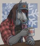 abstract_background anthro beverage black_hair blue_eyes clothed clothing coffee_mug container cup fur furgonomics grey_body grey_fur hair hammer_and_sickle hat headgear headwear highlights_(coloring) holding_container holding_cup holding_object looking_at_viewer male pattern_clothing pattern_shirt pattern_topwear plaid plaid_clothing plaid_shirt plaid_topwear red_highlights red_star rolled_up_sleeves shirt snow snowflake solo tea text topwear ushanka chewycuticle crimson equid equine horse mammal 2016 digital_media_(artwork) shaded