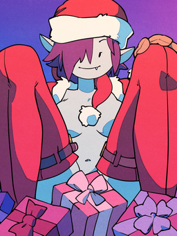 belt boots box christmas_clothing christmas_headwear christmas_present clothed clothing container fangs female footwear gift gift_box gloves grey_body grey_skin hair hair_over_eye handwear hat headgear headwear holidays legwear navel nude one_eye_obstructed purple_background purple_hair santa_hat shoes simple_background smile solo teeth thigh_boots thigh_highs topless crasherchroma adventure_time cartoon_network christmas marceline_abadeer humanoid vampire 2021 3:4 hi_res