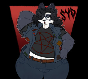 anthro belly bottomwear clothed clothing denim denim_bottomwear denim_clothing denim_jacket denim_topwear hair jacket male moobs occult_symbol overweight overweight_anthro overweight_male pants pentagram shirt simple_background solo symbol text topwear catboyz bear giant_panda mammal digital_media_(artwork) hi_res