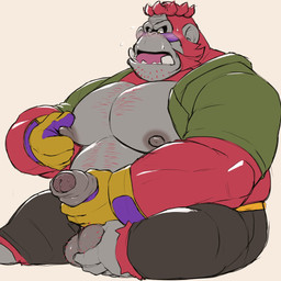 anthro ball_grab balls big_muscles big_pecs blush clothed clothing erection foreskin fur genitals grey_body humanoid_genitalia humanoid_penis male masturbation muscular nipple_fetish nipple_grab nipple_play nipples overweight partially_clothed pecs penile penile_masturbation penis penis_grab red_body red_fur simple_background sitting solo teeth tongue white_background othukimi donkey_kong_(series) donkey_kong_bananza nintendo grumpy_kong ape gorilla haplorhine kong mammal primate 1:1 hi_res