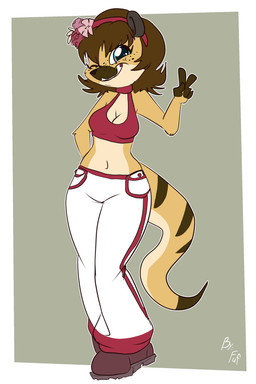 accessory anthro biped black_markings black_nose bottomwear breasts brown_hair cleavage closed_smile clothed clothing countershade_face countershade_fur countershade_torso countershading crop_top facial_markings female fingerless_(marking) flower flower_in_hair freckled_face freckles front_view fur hair hair_accessory hairband head_markings markings medium_breasts midriff mouth_closed multicolored_body muzzle_(marking) navel one_eye_closed orange_body orange_fur pants plant shirt short_hair simple_background smile solo tan_body tan_countershading tan_fur topwear two_tone_body white_bottomwear white_clothing white_pants fuf ambiguous_species 2019 2:3 hi_res
