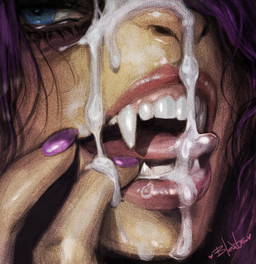 anthro bodily_fluids cum cum_drip cum_on_face dripping fur genital_fluids hair half-closed_eyes licking licking_lips male narrowed_eyes open_mouth open_smile purple_hair smile solo tan_body tan_fur tongue tongue_out tusks bleats tusk_(bleats) deer mammal water_deer headshot_portrait hi_res portrait