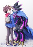 anthro belt black_body black_sclera brown_hair cape clothing duo glowing glowing_eyes hair horn male one_eye_closed sharp_teeth teeth wink vfcou bandai_namco digimon digimon_ghost_game hiro_amanokawa digimon_(species) gulusgammamon human mammal hi_res