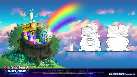 ambiguous_anthro ambiguous_gender anthro block blue_sky chart closed_smile cloud cooking_pot copyright_symbol dancing day detailed_background disco_ball dust_cloud gem grass hands_behind_back jumping light long_ears midair motion_lines mouth_closed multicolored_body musical_note musical_symbol noseless nude_ambiguous nude_anthro outside plant pot_of_gold rainbow shrub size_chart sky smile solo symbol t-pose tan_body tan_eyelids tan_inner_ear tan_skin text text_box thin_eyebrows two_tone_body year giacomo_boni mario_plus_rabbids_sparks_of_hope raving_rabbids rayman_(series) ubisoft lagomorph mammal rabbid 16:9 2023 4k absurd_res adobe_photoshop_(artwork) artist_name colored digital_drawing_(artwork) digital_media_(artwork) english_description english_text hi_res lighting official_art procreate_(artwork) shaded widescreen