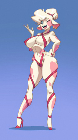 accessory anthro blue_background clothed clothing curvy_figure ear_piercing ear_ring female footwear fur hair hair_accessory hairband high_heels hourglass_figure markings nipple_outline one_eye_closed piercing pink_body pink_clothing pink_footwear pink_fur pink_high_heels pink_inner_ear pink_shoes pink_spots raised_hand ring_piercing shoes simple_background skimpy smile solo spots spotted_body spotted_fur standing white_body white_fur white_hair wink bigdad bovid caprine mammal sheep 2026