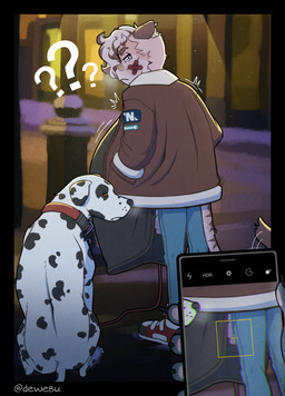 anthro bandage bandage_on_face big_breasts breasts cellphone clothed clothing electronics eyebrows female feral floppy_ears group hair holding_cellphone holding_object holding_phone holding_smartphone huge_breasts hyper hyper_breasts phone question_mark smartphone tail trio young young_anthro young_female dewebu luka_belyakov mayor_(dewebu) canid canine canis dalmatian domestic_dog felid mammal pantherine tiger absurd_res hi_res busty_boy_(lore)
