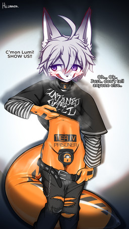 anthro big_tail clothing embarrassed gloves handwear implied_chastity latex latex_clothing latex_gloves latex_handwear latex_skinsuit lock_bulge male null_bulge prison prison_suit prison_uniform prisoner skinsuit solo tail text text_on_clothing text_on_latex tight_clothing hiconnen lumi_(silverlumi) canid canine fox mammal absurd_res english_text hi_res