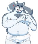 anthro big_penis blush bodily_fluids bulge clothed clothing detailed_bulge erection erection_under_clothing genital_fluids genital_outline genitals humanoid_hands kemono male moobs nipples one_eye_closed overweight overweight_male penis penis_outline precum scar solo wink hagom canid canine canis domestic_dog mammal 2022 hi_res