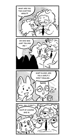 4_panel_comic anthro bob_cut businesswear chibi dialogue exposed_belly female female/female female_symbol feminization gender_symbol group necktie office overweight symbol text pawberry canid canine canis domestic_dog mammal 4koma comic english_text hi_res monochrome trans_(lore) trans_woman_(lore)