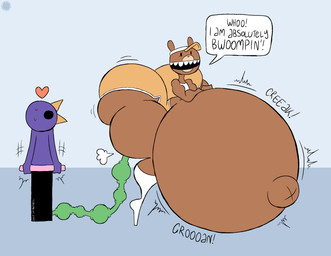 air_pump anal anthro bar_emanata belly belly_expansion big_belly big_butt blue_body bodily_fluids bottom_heavy bottomwear brown_body brown_fur butt butt_expansion clothing cloud_emanata crop_top crossbar_emanata curvy_figure dialogue duo emanata expansion eyelashes facial_markings femboy flash_emanata footwear fur hand_on_belly hat head_markings headgear headwear heart_symbol hose hose_in_butt hose_inflation hotpants huge_belly huge_butt huge_hips huge_thighs hyper hyper_belly hyper_butt inflation knee_highs knee_socks legwear logo male markings muzzle_(marking) navel onomatopoeia outie_navel shirt shorts socks sound_effects speech_bubble sweat sweatdrop text thick_thighs topwear visor_cap wide_hips x_navel thatdawgmurray beartato reginald_(nedroid) avian bear bird mammal aliasing artist_logo artist_name digital_media_(artwork) english_text hi_res signature