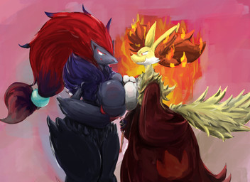 angry anthro anthro_on_anthro anthrofied arm_tuft asymmetrical_breast_frottage big_breasts biped black_body black_fur black_hair breast_envy breast_size_difference breast_squish breasts breasts_frottage claws comparing comparing_breasts curvy_figure duo evil_grin eye_contact female female/female fire fluffy fluffy_tail frown fur grey_body grey_fur hair half-closed_eyes holding_breast holding_object huge_breasts inner_ear_fluff leg_tuft long_hair looking_at_another multicolored_body multicolored_fur multicolored_hair narrowed_eyes neck_tuft nude pink_background pokemorph ponytail pseudo_clothing pupils red_body red_claws red_fur red_hair red_nose shoulder_tuft side_view simple_background small_pupils small_waist smile squish standing stick tail titfight tuft two_tone_body two_tone_fur two_tone_hair voluptuous white_body white_fur wide_hips yellow_body yellow_fur notaudon nintendo pokemon canid canine delphox generation_5_pokemon generation_6_pokemon mammal pokemon_(species) zoroark 11:8 2017 digital_media_(artwork) digital_painting_(artwork) painting_(artwork)