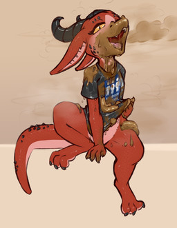 3_toes anthro bad_breath barefoot bodily_fluids bottomless claws clothed clothing convenient_censorship dripping fangs feces feces_everywhere feces_in_mouth feces_on_body feces_on_face feces_on_hand feces_pile feces_string feet female fingers genital_fluids horn looking_at_viewer multicolored_body nude open_mouth red_body shirt simple_background smelly smile solo spikes stink_fumes t-shirt tail teeth text toes tongue topwear two_tone_body urine wet wet_clothing yellow_sclera kkplus kobold scalie absurd_res hi_res