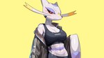 abs anthro breasts cleavage clothed clothing collarbone female medium_breasts midriff multicolored_body navel pupils purple_body red_eyes simple_background solo teeth white_pupils yellow_background drunk_oak nintendo pokemon generation_5_pokemon mienshao pokemon_(species) 16:9 2023 hi_res widescreen