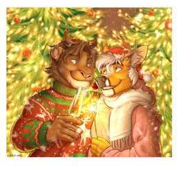 alcohol anthro antler_headband antlers beverage blue_eyes border brown_body brown_fur champagne champagne_glass christmas_clothing christmas_headwear clothing container cup drinking_glass duo fur glass glass_container glass_cup hair hat headgear headwear holidays hoodie horn hug looking_at_another male male/male orange_body orange_fur pink_clothing pink_hoodie pink_topwear red_clothing red_sweater red_topwear santa_hat scarf sparkler sweater topwear white_border white_hair white_scarf kyungsoo christmas breezy_(breezydiz) kaz_(kazenosaga) cervine deer fallow_deer felid lion mammal pantherine absurd_res hi_res huge_filesize