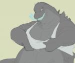 2014 6:5 anthro bottomless clothed clothing godzilla godzilla_(series) kaiju looking_at_viewer male open_mouth overweight overweight_anthro overweight_male reptile scalie shamelesss shirt simple_background slightly_chubby solo tank_top toho topwear