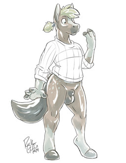 animal_genitalia anthro balls bottomless clothed clothing confusion digitigrade equine_tail genitals glistening glistening_body hair inflatable male mane mane_hair multicolored_body sheath shirt solo tied_hair topwear rick_griffin animate_inanimate equid equine horse living_inflatable mammal 2024 hi_res signature