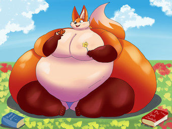 anthro belly big_belly big_breasts big_butt black_nose blue_clothing blue_eyes blue_panties blue_sky blue_underwear book breasts brown_body butt clothing cloud eyelashes female flower grass holding_flower holding_object huge_belly huge_breasts huge_butt huge_thighs hyper hyper_belly hyper_breasts hyper_butt hyper_thighs morbidly_obese morbidly_obese_anthro morbidly_obese_female multicolored_body obese obese_anthro obese_female open_mouth open_smile orange_body orange_ears orange_tail outside overweight overweight_anthro overweight_female panties plant red_mouth red_tongue sharp_teeth sky smile solo tail tail_motion tailwag tan_body tan_inner_ear tan_tail teeth text thick_thighs tongue two_tone_tail underwear adansin zaratrusta_(adansin) arthropod butterfly canid canine fennec_fox fox insect lepidopteran mammal true_fox 2024 2d_animation 4:3 animated colored digital_media_(artwork) english_text loop shaded