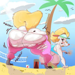 anthro beach big_breasts big_butt blonde_hair bottomwear breasts bulging_butt butt cellulite cigarette clothing female fur hair huge_butt mature_female palm_tree pants plant seaside solo torn_bottomwear torn_clothing torn_pants tree white_body white_fur sketchyboi08 canid canine mammal 1:1 absurd_res digital_media_(artwork) hi_res