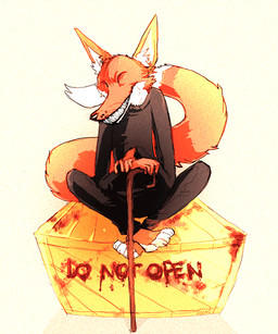 ambiguous_gender anthro barefoot black_bottomwear black_clothing black_nose black_pants black_shirt black_topwear blood bodily_fluids bottomwear box cane clothing container countershade_face countershading crossed_legs dipstick_tail eyes_closed feet fur inner_ear_fluff markings orange_body orange_fur pants sharp_teeth shirt sitting smile solo tail tail_markings teeth text topwear tuft whiskers white_body white_countershading pissheart ruby_quest red_(rq) canid canine fox mammal red_fox true_fox 2012 5:6 english_text male_(lore)