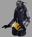 absurd_res adrien_victus alien bioware bodypaint clothing electronic_arts face_paint gloves handwear hi_res holding_tablet leafjuly male mass_effect solo standing teeth turian yellow_eyes