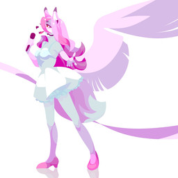 abstract_background anthro clothed clothing dress electronics female footwear fur hair high_heels holding_object leg_markings markings microphone open_mouth pink_body pink_clothing pink_footwear pink_fur pink_hair pink_shoes red_eyes shoes simple_background singing smile socks_(marking) solo standing white_body white_clothing white_dress white_fur wings malurbi brand_new_animal studio_trigger nazuna_hiwatashi canid canine mammal 1:1 digital_media_(artwork) hi_res