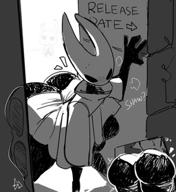 anthro bent_over big_butt biped blush breasts butt butt_focus clothed clothing doorway female fingers solo_focus stuck text thick_thighs grimmy hollow_knight_(franchise) team_cherry hornet_(hollow_knight) zote_(hollow_knight) arthropod 2025 hi_res monochrome