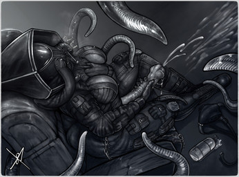 ambiguous_gender big_penis biped bodily_fluids breasts chair clothed clothing commander_eight cum cybernetics eighttheexophile ejaculation erection furniture genital_fluids genitals gynomorph intersex leather leather_clothing machine mask masturbation not_furry on_chair penis science_fiction simple_background sitting sitting_on_chair solo tail tentacles text transentience alien alien_humanoid cyborg humanoid monster tentacle_creature digital_media_(artwork) hi_res female_(lore)