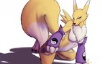 anthro black_claws black_nose black_sclera blue_eyes breasts claws female fur markings purple_markings solo toe_claws tuft white_body white_fur yellow_body yellow_fur asarkadraws bandai_namco digimon canid digimon_(species) mammal renamon 2020