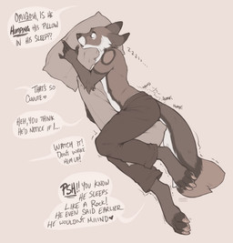 anthro bottomwear clothed clothing dialogue ears_back eyes_closed grinding lying male male_anthro masturbation on_side open_mouth pants pillow pillow_humping pivoted_ears question_mark sexsomnia side_view simple_background sleeping solo sound_effects speech_bubble text topless vowelless vowelless_sound_effect zzz seraphictiger sev_coyote canid canine mammal 2024 digital_media_(artwork) english_text hi_res monochrome