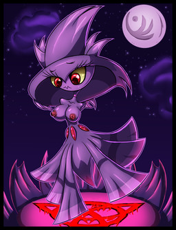 big_breasts big_eyes black_border border breasts clothing dark detailed_background eyelashes female magic_user moon night not_furry nude red_eyes solo witch yellow_sclera warlocke nintendo pokemon generation_4_pokemon ghost humanoid mismagius pokemon_(species) spirit 2019 absurd_res digital_media_(artwork) hi_res