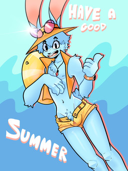 anthro biped blue_background blue_body blue_fur blue_hair bottomwear bulge cheek_tuft clothed clothing facial_tuft fishing_hat fur hair hotpants jewelry male male_anthro necklace open_clothing open_mouth open_smile open_topwear open_vest shorts simple_background smile solo text topwear tuft vest wide_eyed xing1 lagomorph leporid mammal rabbit 3:4 absurd_res english_text hi_res