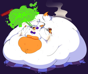 belly belly_rolls big_belly big_butt bodily_fluids burp_cloud burping butt chibi chubby_cheeks deep_navel dialogue_box fat_arms floor food grease huge_belly huge_butt hyper hyper_belly hyper_butt immobile messy morbidly_obese navel obese overweight pizza pizza_slice solo spread_arms sweat tile tile_floor fizzooka five_nights_at_freddy's five_nights_at_freddy's_world five_nights_at_frickbear's_(series) five_nights_at_frickbear's_3 scottgames lolbit_(fnaf) lolbit_(frickbear's) canid canine fox mammal 2026 absurd_res cel_shading colored digital_media_(artwork) hi_res shaded nonbinary_(lore)