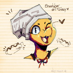 anthro apron biped chef_hat clothed clothed_anthro clothed_female clothing female food front_view hat headgear headwear heart_symbol hot_dog looking_at_viewer one_eye_closed open_mouth open_smile pattern_background simple_background smile solo striped_background text wink yellow_body by:_muun cooking_with_tracy tracy_(cwt) dinosaur prehistoric_species reptile scalie 1:1 2025 absurd_res artist_name bust_portrait character_name colored hi_res portrait shaded