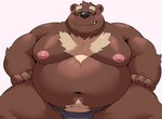 12beat13 2022 anthro asian_clothing bear belly big_belly black_nose blush brown_bear brown_body brown_fur clothed clothing cute_fangs east_asian_clothing eyes_closed eyewear fundoshi fur glasses humanoid_hands japanese_clothing kemono male mammal moobs navel nipples overweight overweight_anthro overweight_male solo topless underwear ursine