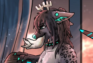 anthro antlers collar fur fur_markings horn leg_grab male markings mind_control oral oral_penetration penetration piercing shark_tail smile smirk solo tentacle_in_mouth tentacle_penetration tentacles azeri_unleashed ronin_viltarre_(nanaki_azakee) canid canine deer equid equine hybrid mammal absurd_res hi_res