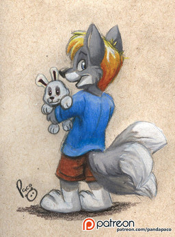 anthro barefoot blonde_hair blue_clothing blue_eyes blue_shirt blue_t-shirt blue_topwear bottomwear brown_bottomwear brown_clothing brown_shorts cheek_tuft clothed clothing facial_tuft feet fur glistening glistening_eyes grey_body grey_fur hair holding_object holding_plushie logo looking_at_viewer male male_anthro multicolored_hair open_mouth open_smile orange_hair patreon_logo plushie rear_view shirt short_hair shorts smile solo standing t-shirt text topwear tuft two_tone_hair white_body white_fur pandapaco patreon canid canine mammal artist_logo full-length_portrait portrait signature url