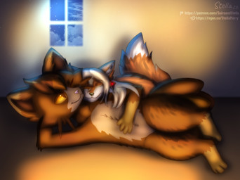 big_tail blonde_hair brown_body brown_fur cuddling duo feather_ear_ring feathers female fire firelight fluffy fluffy_tail fur hair happy head_tuft light male male/female moonlight night orange_body orange_eyes orange_fur paws semi-anthro sleeping sleeping_on_another sleeping_together smile tail tan_body tan_fur text tuft white_body white_fur window stellaamoris stellamerryfox artfight2026 luxro stella_(stellaamoris) canid canine fox lewxen mammal absurd_res digital_media_(artwork) digital_painting_(artwork) hi_res painting_(artwork) url