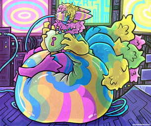 4_fingers 5_tails ambiguous_gender anthro big_diaper blonde_hair clothed clothing detailed_background diaper ears_back fingers furaffinity_handle gradient_hair hair heart_necklace heart_symbol huge_diaper hypnosis hypnotic_screen jewelry lock_symbol logo mind_control multi_tail multicolored_body necklace pink_ears pink_hair pivoted_ears sitting solo striped_ears stripes tail wearing_diaper wire yellow_stripes subdivisions deltarune undertale_(series) yuukari werewire artist_logo hi_res
