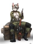 anthro belt blue_eyes boots breasts chest_tuft clothed clothing collar dragunov eyebrows eyelashes eyewear female footwear glasses gloves gun hair handwear holding_gun holding_object holding_ranged_weapon holding_weapon looking_at_viewer open_clothing open_topwear ranged_weapon rifle scope shoes short_hair sitting smile sniper_rifle solo topwear tuft weapon pgm300 jsc_kalashnikov_concern konami metal_gear sniper_wolf canid mammal 2022 absurd_res digital_media_(artwork) hi_res shaded