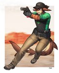 anthro belt blue_eyes bottomwear brown_hair clothing footwear gloves gun hair handgun handwear hat headgear headwear male open_mouth pants ranged_weapon shark_tail shirt shoes solo stripes topwear weapon pgm300 glock_19 fish marine shark 2021 digital_media_(artwork) hi_res shaded