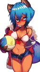 2020 absurd_res anthro ball bikini bikini_top black_hair blue_body blue_clothing blue_eyes blue_fur blue_hair blush bottomwear brand_new_animal breasts brown_body brown_ears brown_fur canid canine clothing cute_fangs dipstick_tail female fur hair hi_res holding_object jacket looking_at_viewer mammal markings michiru_kagemori multicolored_body multicolored_fur multicolored_hair multicolored_tail navel outside portrait purple_body purple_fur raccoon_dog red_clothing short_hair shorts simple_background solo studio_trigger swimwear tabhead tail tail_markings tanuki three-quarter_portrait topwear two-piece_swimsuit unavailable_at_source volleyball_(ball) white_background white_clothing