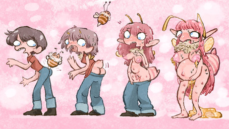 antennae_(anatomy) antennae_growth anthro arthropod_abdomen arthropod_abdomen_growth blue_eyes blush bodily_fluids bottomwear breast_growth breasts butt clothing cum duo female flavored_cum food forced forced_transformation gender_transformation genital_fluids growth hair honey_(food) honey_cum human_to_anthro lactating lactating_honey looking_down looking_up male mtf_transformation navel nipples nude open_mouth pants pink_hair pregnant pregnant_female rapid_pregnancy simple_background solo_focus species_transformation standing transformation unusual_bodily_fluids unusual_cum unusual_genital_fluids unusual_lactation bubbalossom arthropod bee bumble_bee_(species) human hybrid hymenopteran insect mammal digital_media_(artwork) hi_res sequence