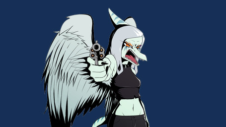 angry anthro biped black_bottomwear black_clothing black_crop_top black_pants black_shirt black_topwear blood blood_on_face blue_body bodily_fluids bone_frill bottomwear breasts clothed clothed_anthro clothed_female clothing crop_top elbow_feathers feathered_wings feathers female fingers frill_(anatomy) front_view grey_body grey_feathers grey_hair gun hair handgun holding_gun holding_handgun holding_object holding_ranged_weapon holding_revolver holding_weapon humanoid_hands long_hair looking_at_viewer markings medium_breasts midriff navel non-mammal_breasts non-mammal_navel open_mouth orange_eyes pants pointing_gun_at_viewer ranged_weapon revolver sharp_teeth shirt short_tail simple_background solo striped_markings stripes tail teeth topwear transparent_background weapon wings yelling unknown_artist cavemanon_studios goodbye_volcano_high ko_op_(game_developer) snoot_game fang_(gvh) prehistoric_species pterosaur reptile scalie 16:9 alpha_channel colored half-length_portrait hi_res portrait shaded widescreen