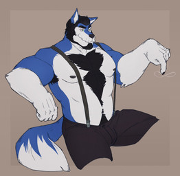 5_fingers anthro areola arm_tuft armpit_hair beard biceps big_muscles big_pecs biped black_areola black_beard black_bottomwear black_claws black_clothing black_eyebrows black_facial_hair black_hair black_nipples black_nose black_pants blue_body blue_ears blue_fur blue_tail body_hair bottomwear bulge button_(fastener) chest_hair claws closed_smile clothed clothing countershade_arms countershade_face countershade_fur countershade_neck countershade_tail countershade_torso countershading dipstick_tail elbow_tuft eyebrows facial_hair finger_claws fingers fur gesture gradient_background green_eyes hair hand_gesture happy_trail humanoid_hands leg_markings male markings mature_male motion_lines mouth_closed multicolored_body multicolored_fur muscular muscular_anthro muscular_arms muscular_male mustache nipples pants pants_only pecs short_hair simple_background sitting smile socks_(marking) solo spread_legs spreading suspenders tail tail_markings topless topless_anthro topless_male tuft two_tone_body two_tone_fur whisker_spots white_body white_facial_hair white_fur white_inner_ear white_mustache white_tail_tip the_other_sinno socially_awkward garth_warrick canid canine canis mammal wolf hi_res