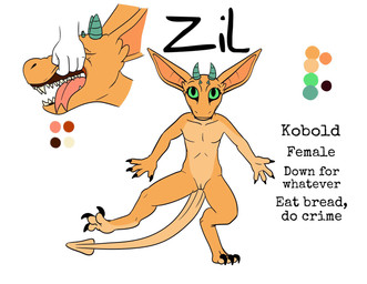 anthro black_claws claws female genitals green_eyes horn looking_at_viewer nude simple_background solo spade_tail tail text vulva white_background yellow_body slomnir zil_(slomnir) kobold scalie english_text hi_res model_sheet