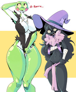 5_fingers alternate_costume anthro arm_wraps big_breasts big_hat black_body black_ears black_fur black_hair bodily_fluids breasts clothed clothed_anthro clothed_female clothing clothing_swap countershade_torso countershading covering covering_breasts covering_self dialogue duo eyebrows eyelashes fangs female female/female female_anthro fingers fur hair hand_behind_head hat headgear headwear huge_thighs ill-fitting_clothing jewelry larger_female long_hair looking_away necklace nervous nervous_smile nervous_sweat non-mammal_breasts notched_ear open_mouth open_smile purple_clothing purple_hat purple_headwear round_eyes simple_background size_difference skimpy smile sweat teeth text thick_thighs thigh_gap white_body white_countershading witch_hat wraps noirchaton4 catwitch_(xarop77) grefina_(noirchaton4) amphibian domestic_cat felid feline felis frog mammal 2024 absurd_res digital_drawing_(artwork) digital_media_(artwork) english_text hi_res
