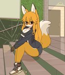 anthro big_breasts bottomwear bra breasts cleavage clothed clothing door eyewear female footwear fur glasses hair inside jacket kemono long_hair looking_at_viewer nipple_outline open_clothing open_jacket open_topwear orange_body orange_fur orange_hair railing shoes shorts sitting sitting_on_stairs smile sneakers solo stairs topwear under_boob underwear mikeyama canid canine fox mammal hi_res