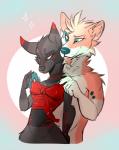 5_fingers anthro black_body black_fur black_nose blue_nose duo female fingers fur green_eyes male navel simple_background smile standing poisoned_(artist) canid canine canis domestic_dog fox mammal digital_media_(artwork)