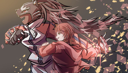 brass_knuckles clothing duo female hair jacket melee_weapon raccoon_tail raccoon_tail_hair red_hair sharp_teeth teeth topwear weapon merume_digi bandai_namco digimon digimon_beatbreak reina_sakuya bearcatmon digimon_(species) human humanoid mammal